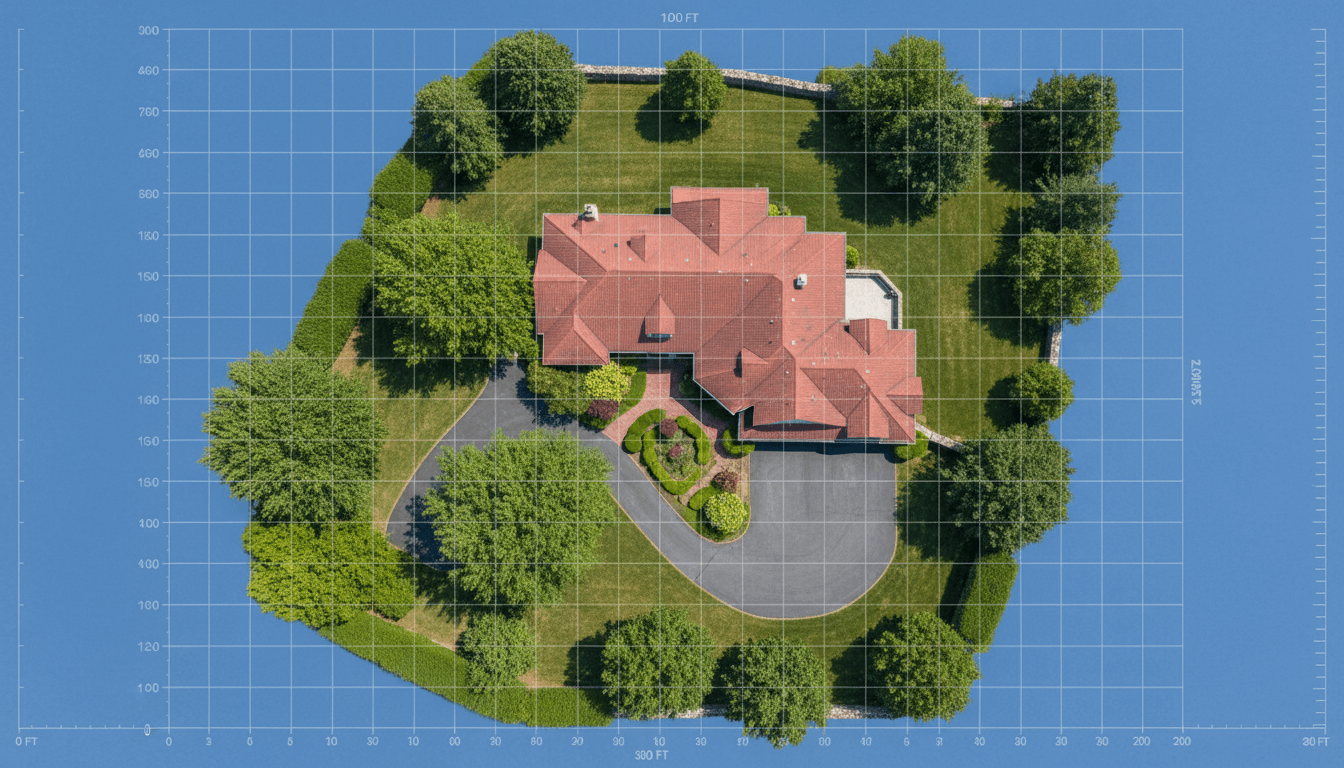 Aerial survey view of a property with measurement grid overlay
