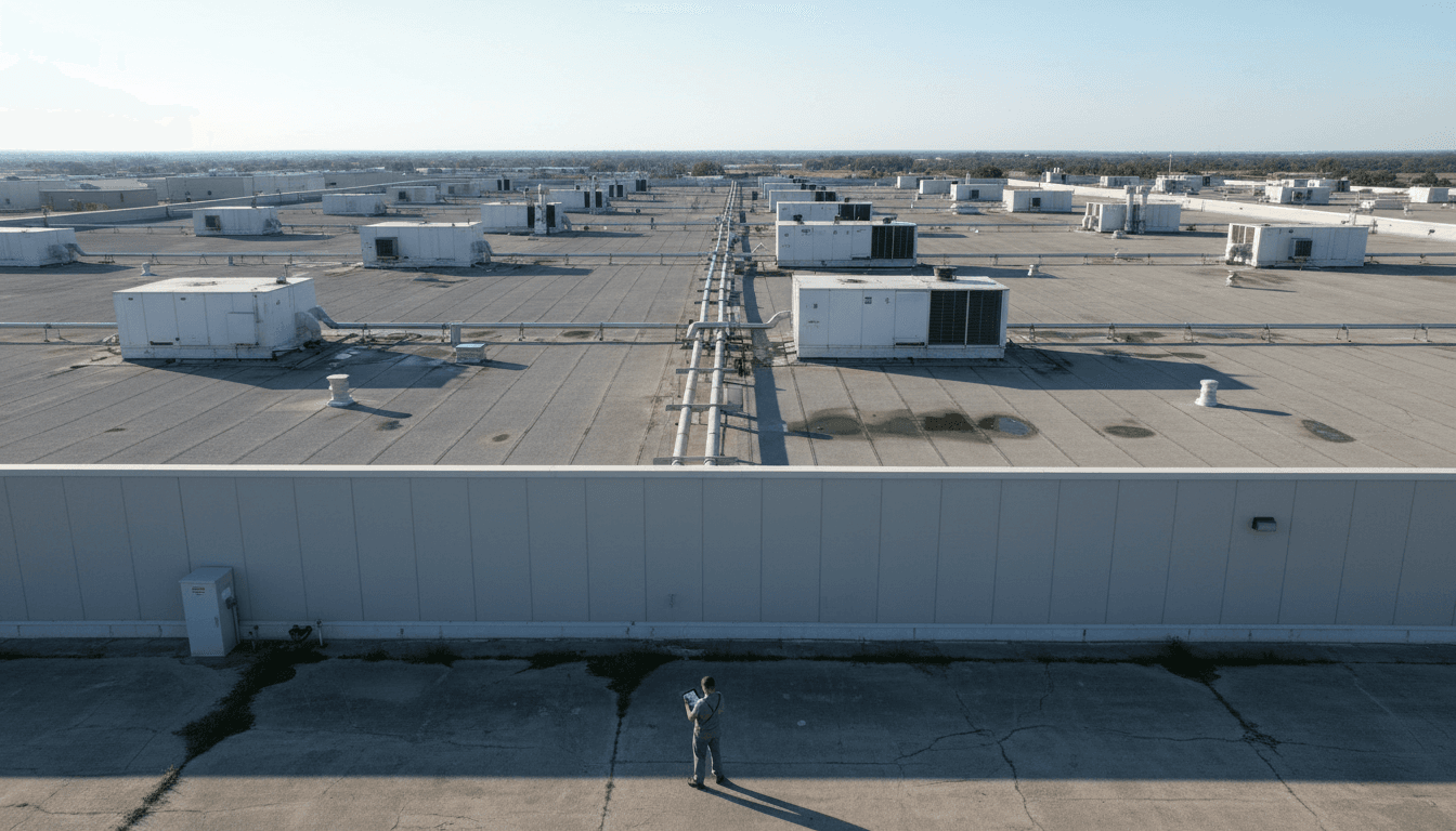Aerial view of commercial flat roof with a technician on ground