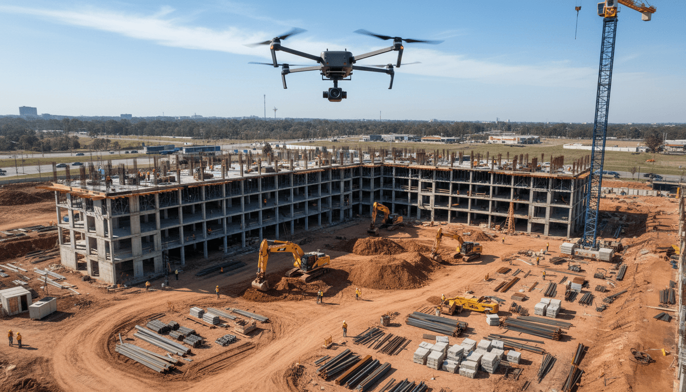 Aerial view of a construction site with a hovering drone