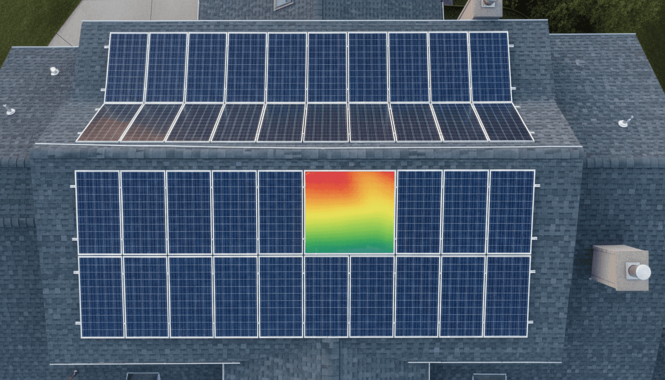 Aerial close-up of solar panels with thermal overlay