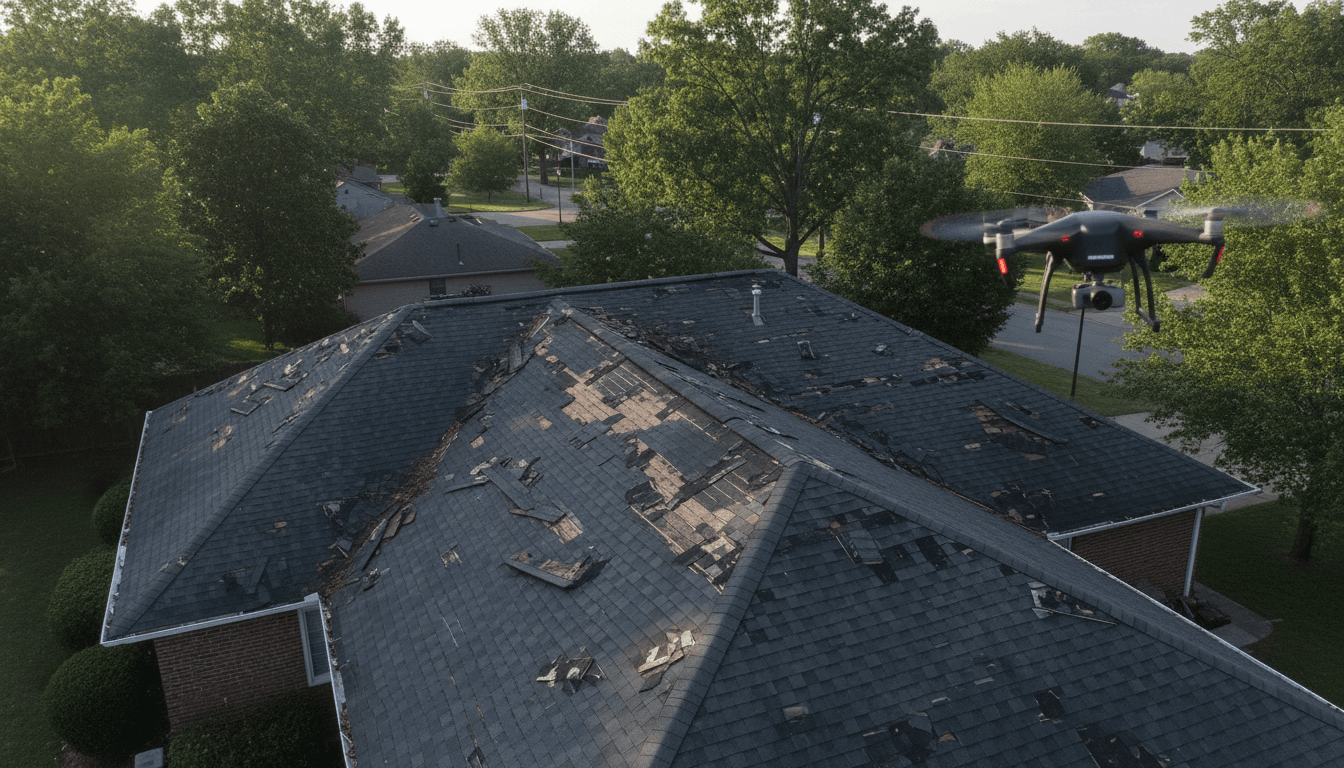 Aerial view of a residential roof with visible storm damage