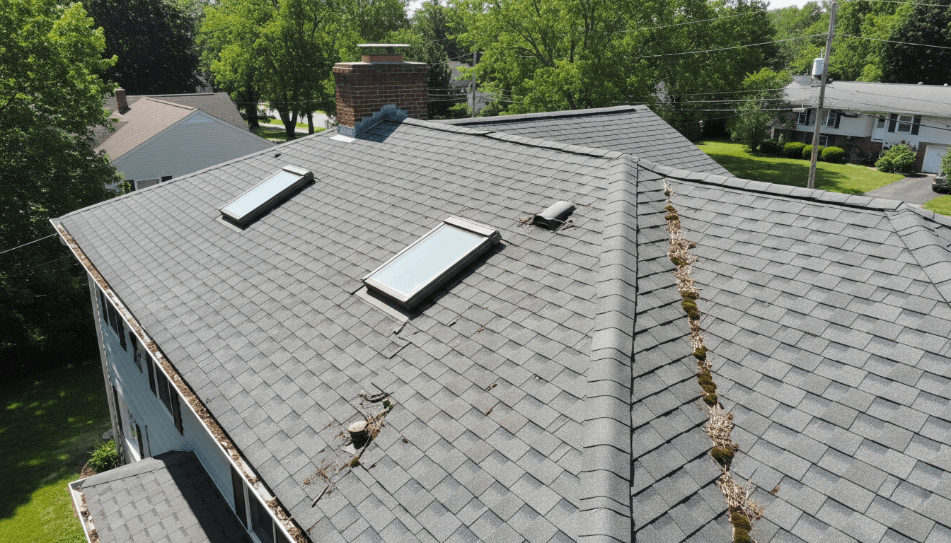 Drone view of a house roof and chimney capturing structural details for inspection