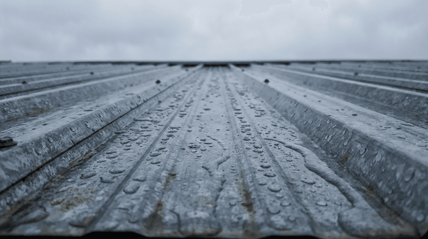 Wide view of a commercial flat roof with visible membrane wear and ponding water