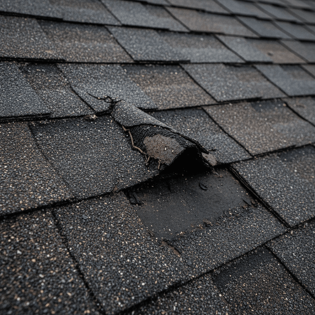 Close-up of severely damaged roof shingles showing granule loss, deterioration, and peeling underlayment revealing storm damage