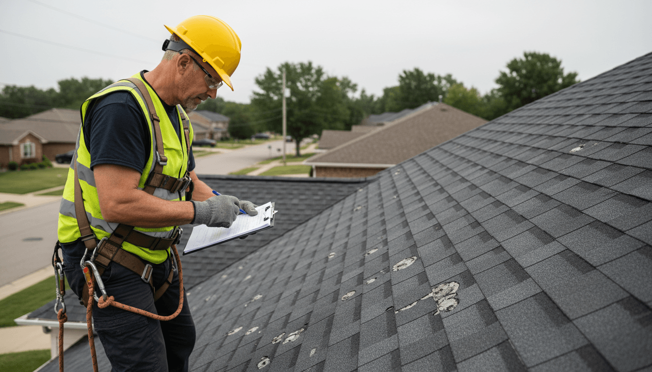 Overhead view of a storm-damaged residential roof with visible missing shingles